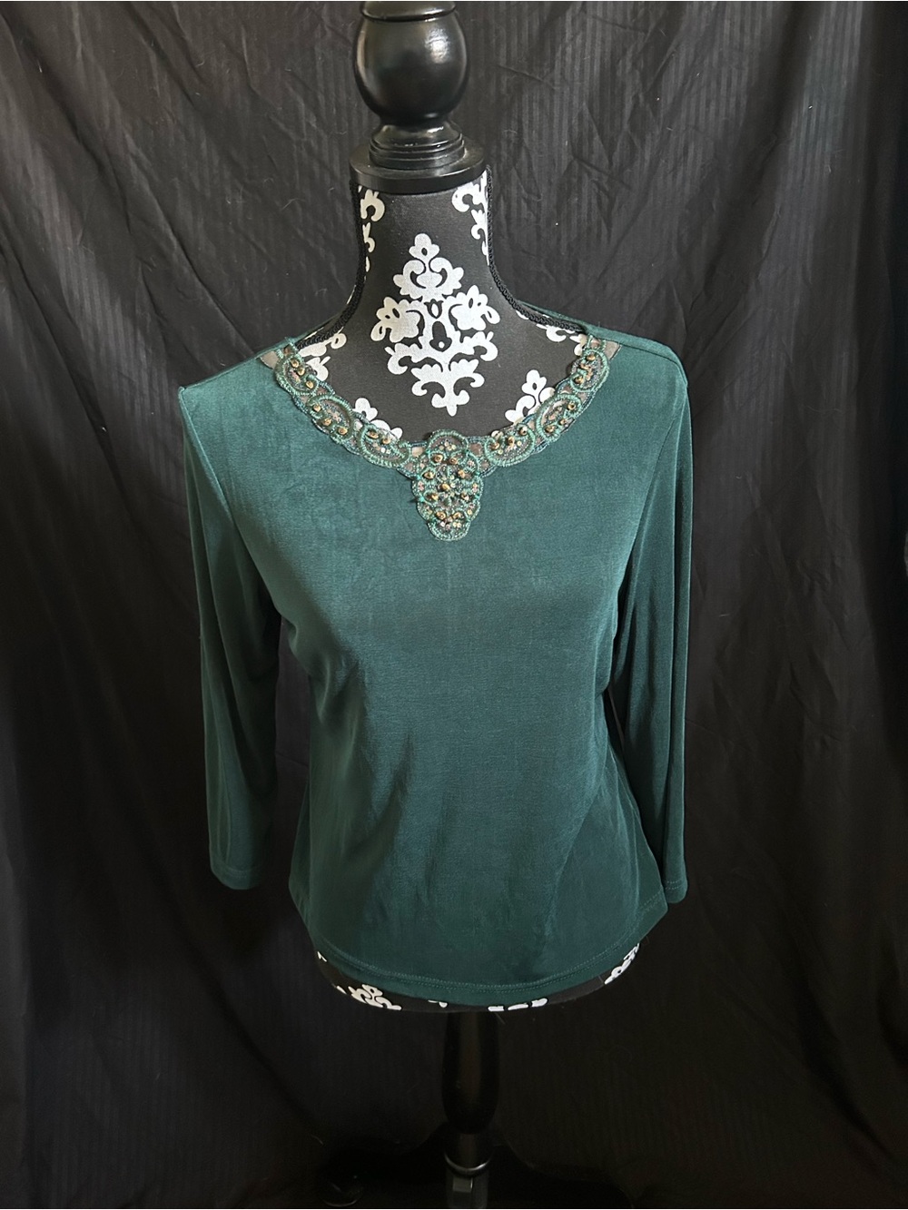 Coldwater Creek Emerald Green Beaded Neckline Long Sleeve Top